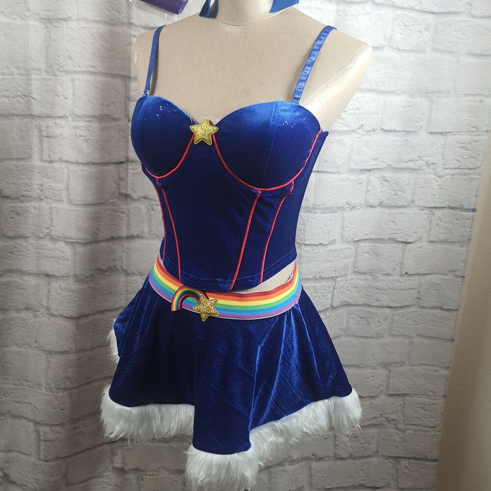 Rainbow Bright Costume 4-Piece Womens Sz XS Small Skirt Top Leg Arm Warmers NWT